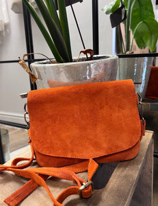 small orange suede crossbody bag