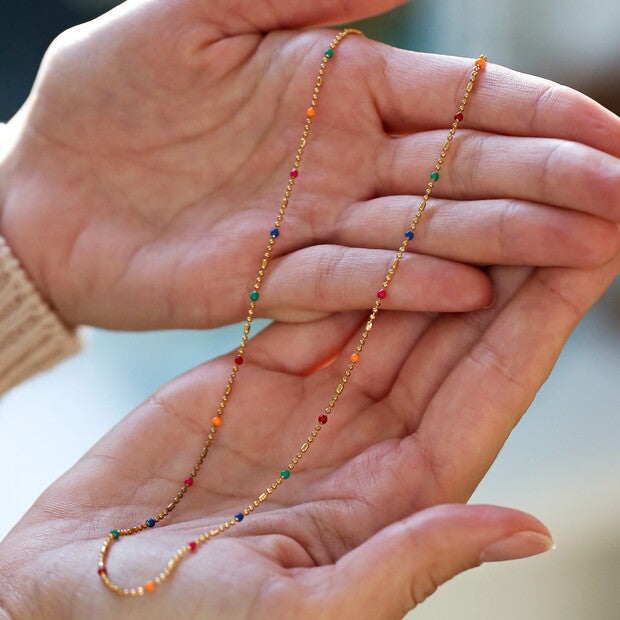 Rainbow Enamel Bead Chain Necklace | Gold