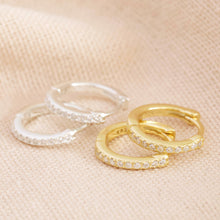 Load image into Gallery viewer, Gold Plated Sterling Silver Crystal Huggie Hoop Earrings