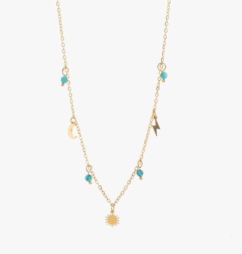 Sun Moon and Lightening with Malachite Drops Necklace | Gold Plated