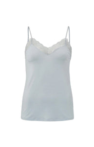 Pale blue strappy top with adjustable straps and lace detail