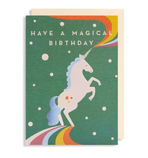 A bright and beautiful card with the image of a unicorn and the words 