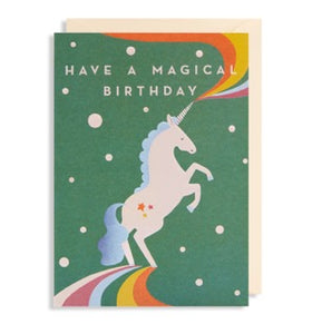 A bright and beautiful card with the image of a unicorn and the words "Have a Magical Birthday"