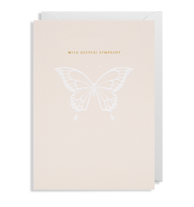 A very soft salmon with the design of a butterfly in white and the words 'with deepest sympathy' in gold.