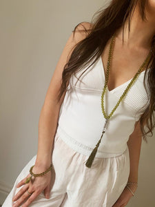 Olive green long beaded necklace with tassel
