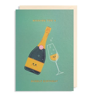 A celebratory card with a bottle of champagne and a champagne flute on the front.