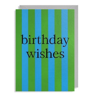A bright and cheerful card with blue and green vertical stripes and the words 