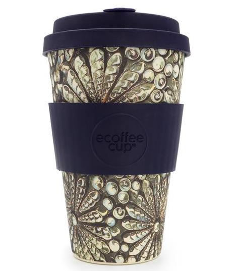 Reusable bamboo fibre coffee and tea cup with a beautiful floral shell design in grey tones