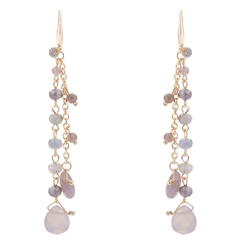 Elegant long cascading earrings of grey crystals on gold chains on a hook 