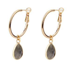 Gold hoop earrings with a grey labradorite teardrop gem