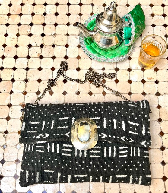 Black Berber Carpet Bag With White Design and Statement Engraved Buckle