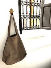 Load image into Gallery viewer, A beautifully made tote bag in a soft taupe suede