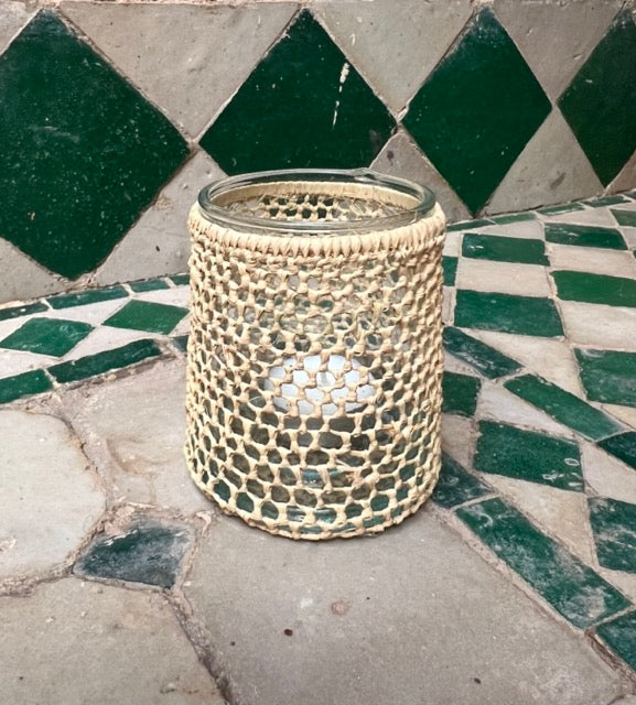 Moroccan Candle Holder made from recycled glass and raffia 