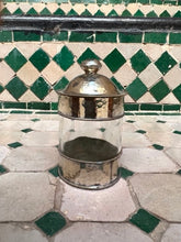Load image into Gallery viewer, A recycled glass and metal small storage pot handmade in Marrakech with beautiful Moroccan detail.