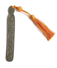 Load image into Gallery viewer, Moroccan etched metal bookmark with orange tassel