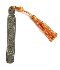 Moroccan etched metal bookmark with orange tassel