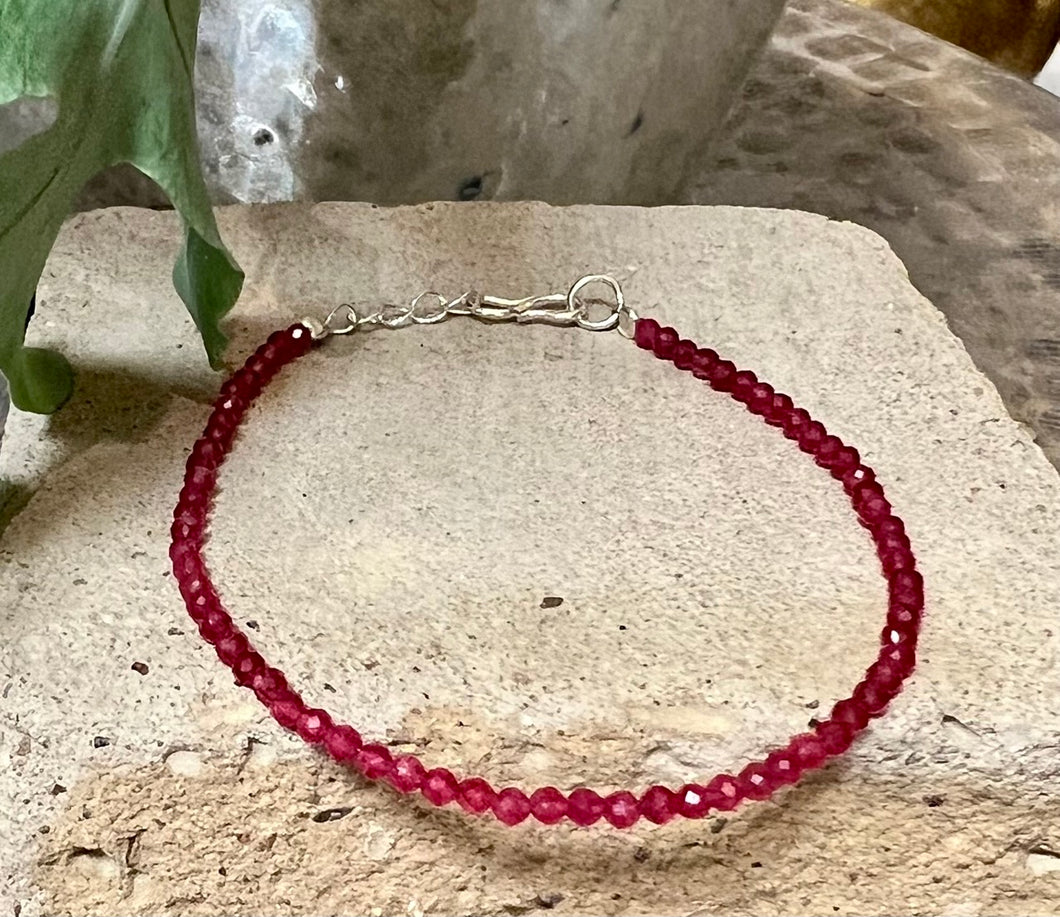 Fine ruby crystal bracelet with sterling silver extender chain and s hook