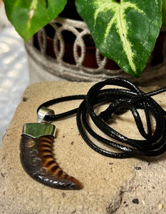 Carved Horn Effect Shell Pendant | Plain Sterling Silver on a black cord