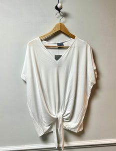 White loose fit v neck t-shirt with a knotted front