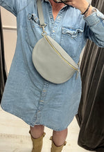 Load image into Gallery viewer, Large Leather crossbody half moon bag in pale grey at BE Lifestyle Boutique