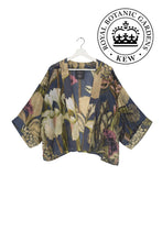 Load image into Gallery viewer, A blue short kimono with images of iris with touches of khaki and soft pink