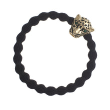 Load image into Gallery viewer, Black elastic hair band / bangle band with a fabulous gold jaguar&#39;s head and piercing emerald green eyes