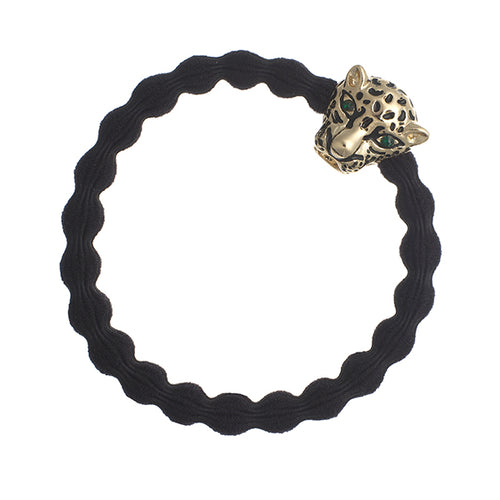 Black elastic hair band / bangle band with a fabulous gold jaguar's head and piercing emerald green eyes