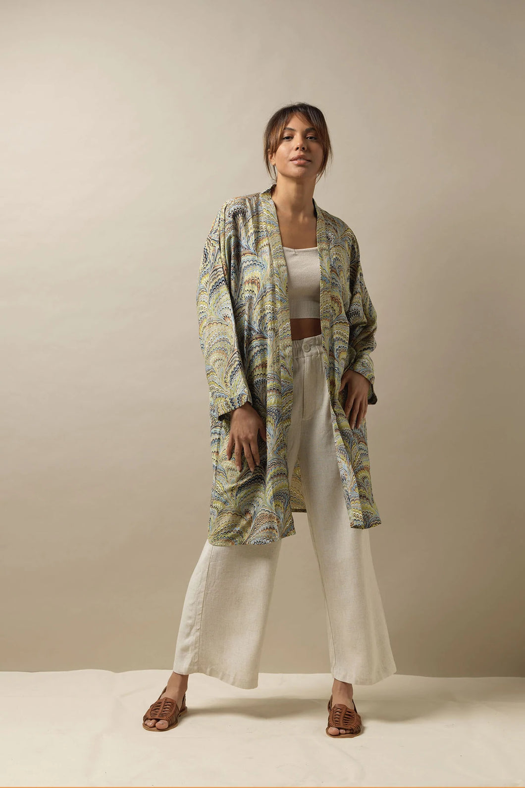 Marbled Collar Kimono | Green | One Hundred Stars