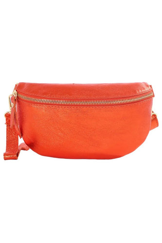 Metallic orange half moon crossbody bag with fully adjustable strap