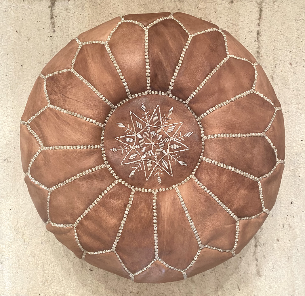 Natural Tan Stitched Moroccan Leather Pouffe