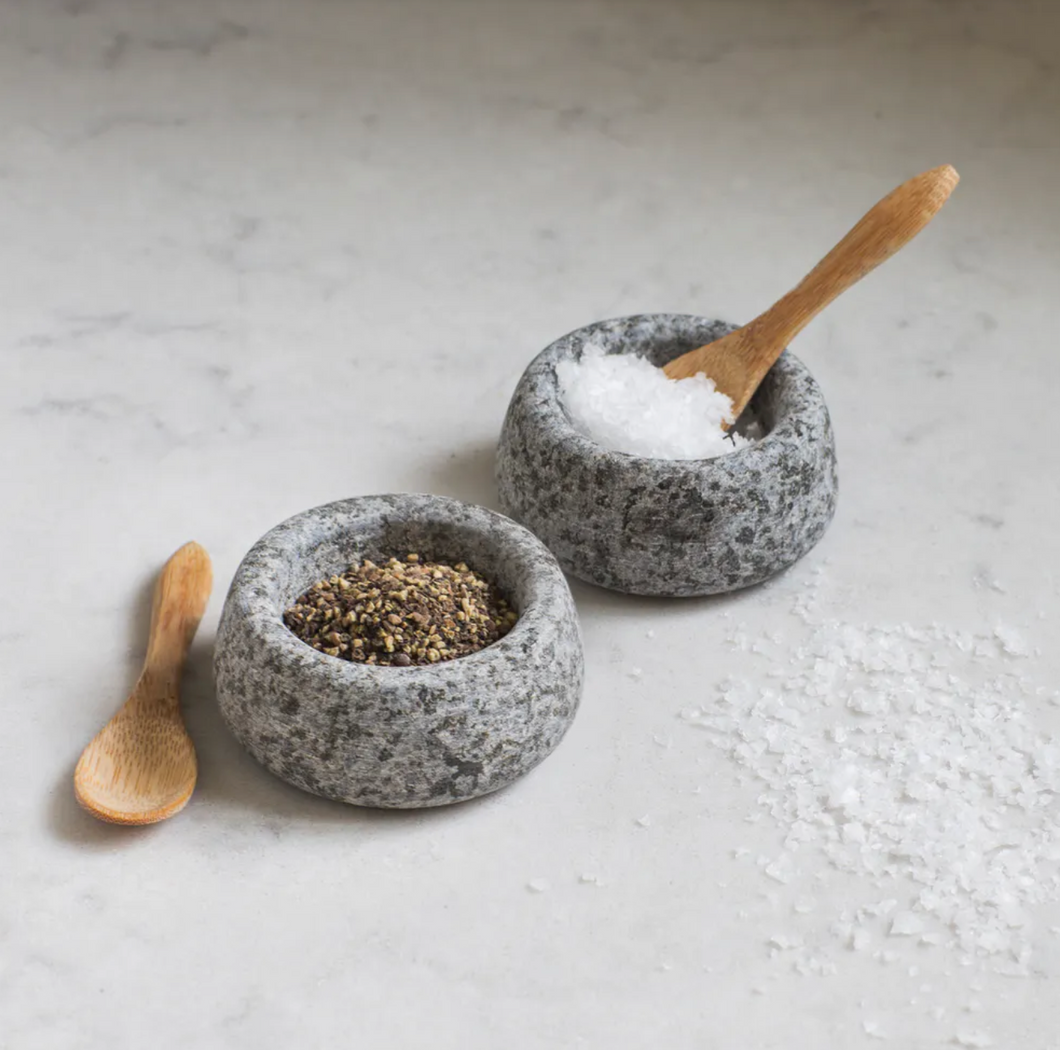 small speckled granite salt and pepper tiny bowls
