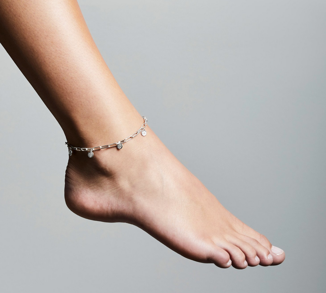 Silver ankle chain with links and tiny coins