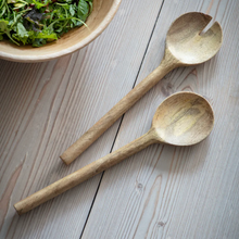 Load image into Gallery viewer, Hand crafted textured mango salad servers. One spoon has a round end, the other has a slot in it