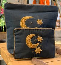 Load image into Gallery viewer, Moon and Stars Slate Grey Velvet Makeup Bag