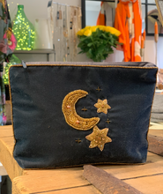Load image into Gallery viewer, large velvet purse with a flat bottom embroidered with a mix of  beads sparkles and shiny gold beads
