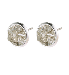 A silver stud earring filled with a rock crystal
