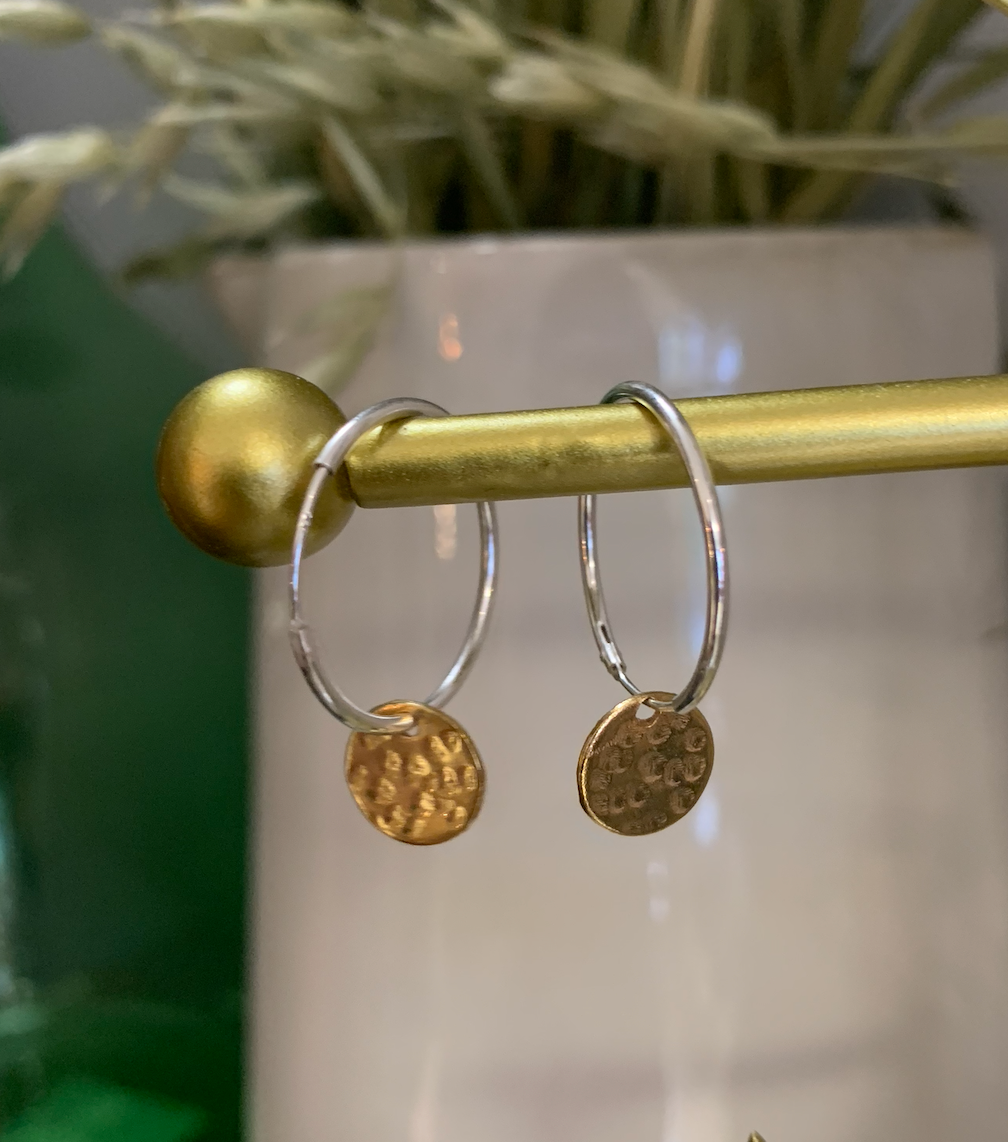 Sterling silver hoops with brass textured discs