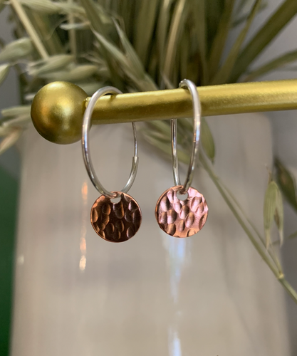 sterling silver hoops with textured copper discs