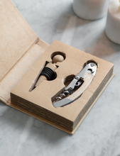 Load image into Gallery viewer, A boxed collection of corkscrew and stopper made from  stainless steel and oak