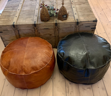 Load image into Gallery viewer, Handmade leather pouffes in natural brown tan and black