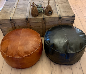 Handmade leather pouffes in natural brown tan and black