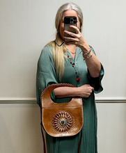 Load image into Gallery viewer, Moroccan Tan Handbag with Long Strap and Circular Design