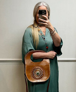 Moroccan Tan Handbag with Long Strap and Circular Design