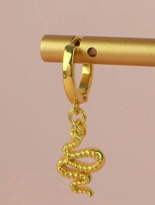 A huggie earring with a dangly snake - brass with a 22 ct gold plate.