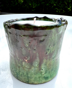 Tamegroute pot in the classic green finish with an irridescent quality and filled with citronella and peppermint soy wax