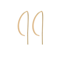 Load image into Gallery viewer, Delicate gold plated earrings with a semi hoop to the front and a long straight drop to the back of the ear. Simple and beautiful