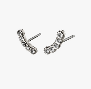 A 1 cm curved earring stud with 5 crystals along its length. silver plated