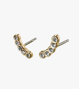 A 1 cm curved earring stud with 5 crystals along its length. gold plated