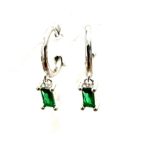 Green Crystal Drop Huggie Earrings | Gold and Silver