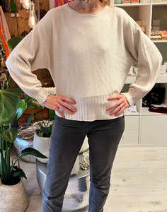Fine knit oatmeal jumper with round neck and rib detail down the arm and at the waist and wrists.